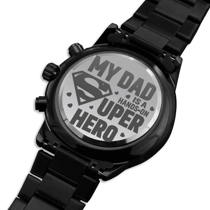 Gift For Dad Hands On Super Hero Engraved Customized Black Chronograph Watch