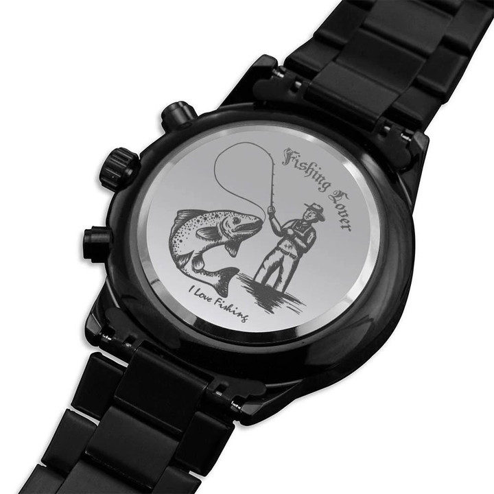 I Love Fishing Engraved Customized Black Chronograph Watch Gift For Fishing Lovers