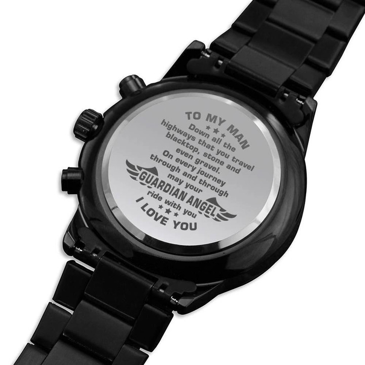 Engraved Customized Black Chronograph Watch Gift For Him Your Angel Ride With You