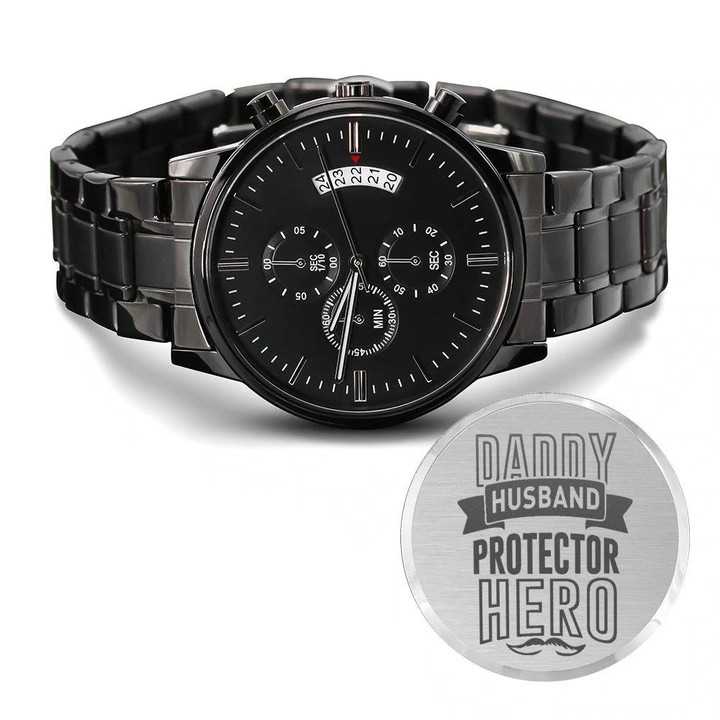 Daddy Husband Protector Hero Engraved Customized Black Chronograph Watch