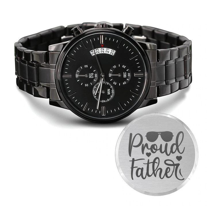 Proud Father Glasses Hearts Pattern Engraved Customized Black Chronograph Watch