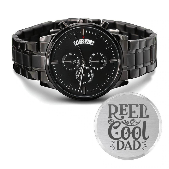 Reel Cool Dad Gift For Dad Engraved Customized Black Chronograph Watch