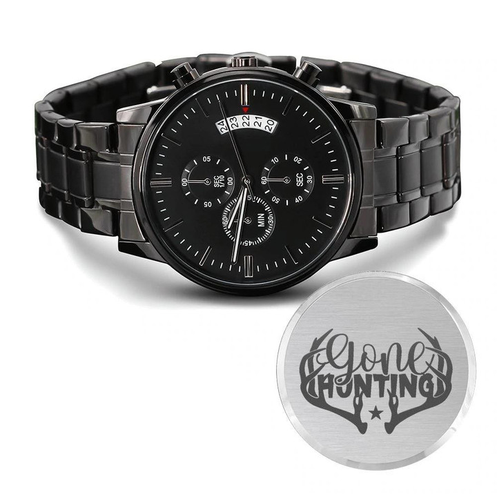 Gone Hunting Deer Horn Engraved Customized Black Chronograph Watch Gift For Hunters