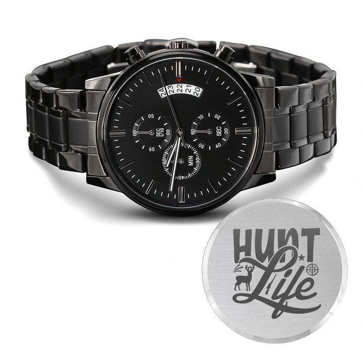 Hunt Life Deer In Forest Engraved Customized Black Chronograph Watch Gift For Hunters