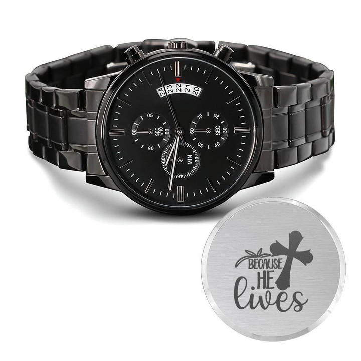 Because He Lives Black Cross Engraved Customized Black Chronograph Watch