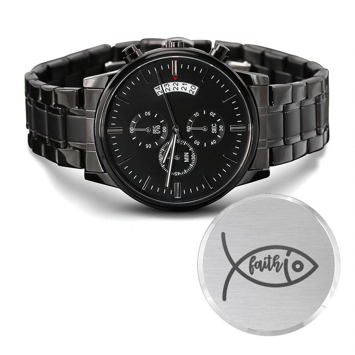 Faith Outline Fish Pattern Engraved Customized Black Chronograph Watch
