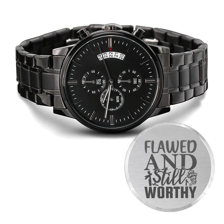Flawed And Still Worthy Engraved Customized Black Chronograph Watch