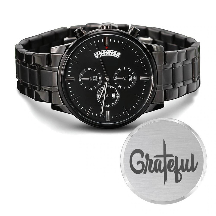 Grateful Cross Engraved Customized Black Chronograph Watch
