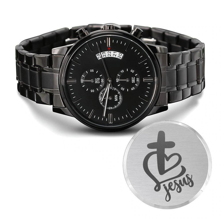 Jesus Cross In Heart Design Engraved Customized Black Chronograph Watch