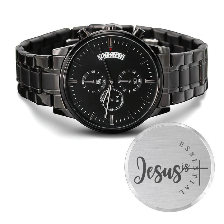 Jesus Is Essential Cross Pattern Engraved Customized Black Chronograph Watch