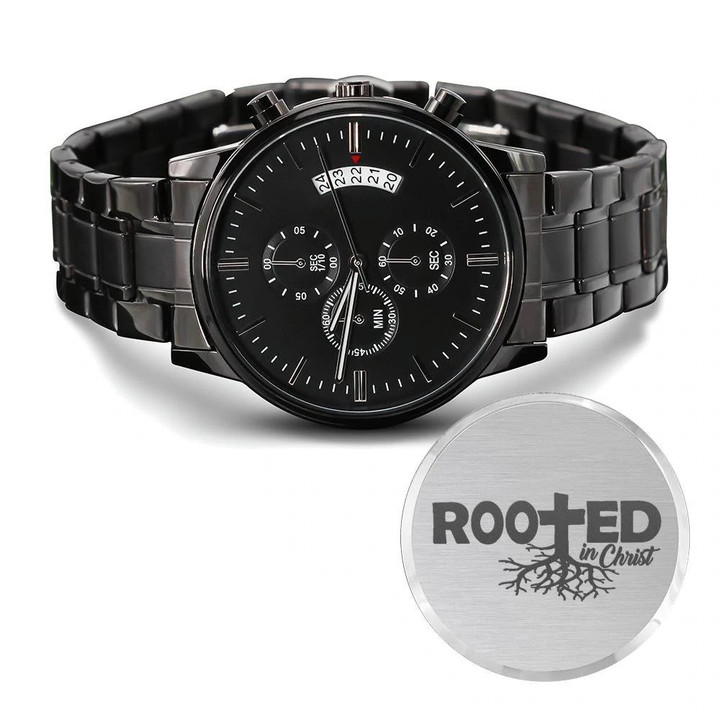 Rooted In Christ Cross Tree Engraved Customized Black Chronograph Watch
