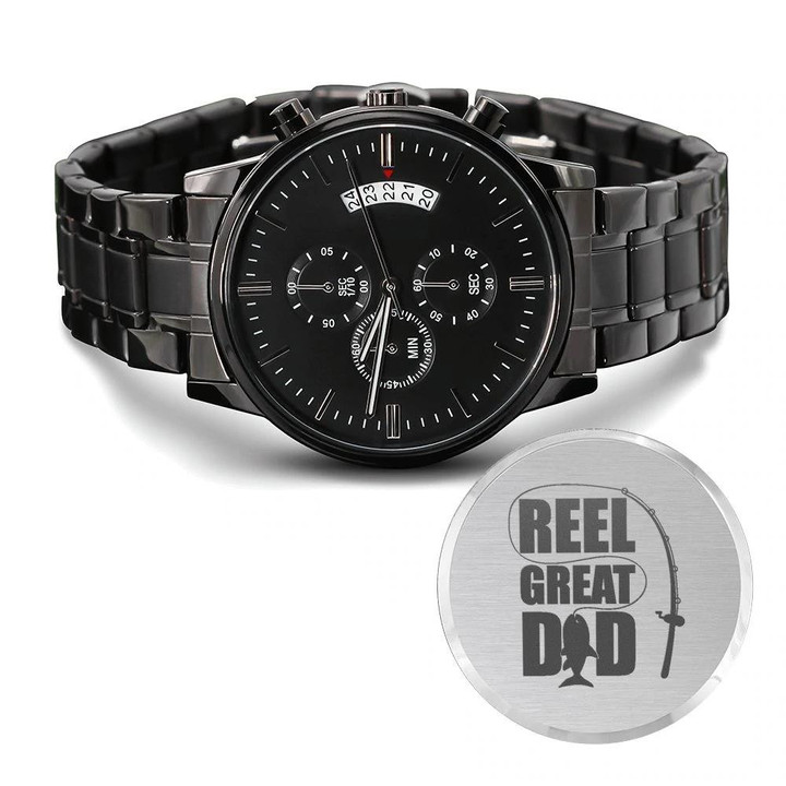 Reel Great Dad Engraved Customized Black Chronograph Watch Gift For Fishing Dad