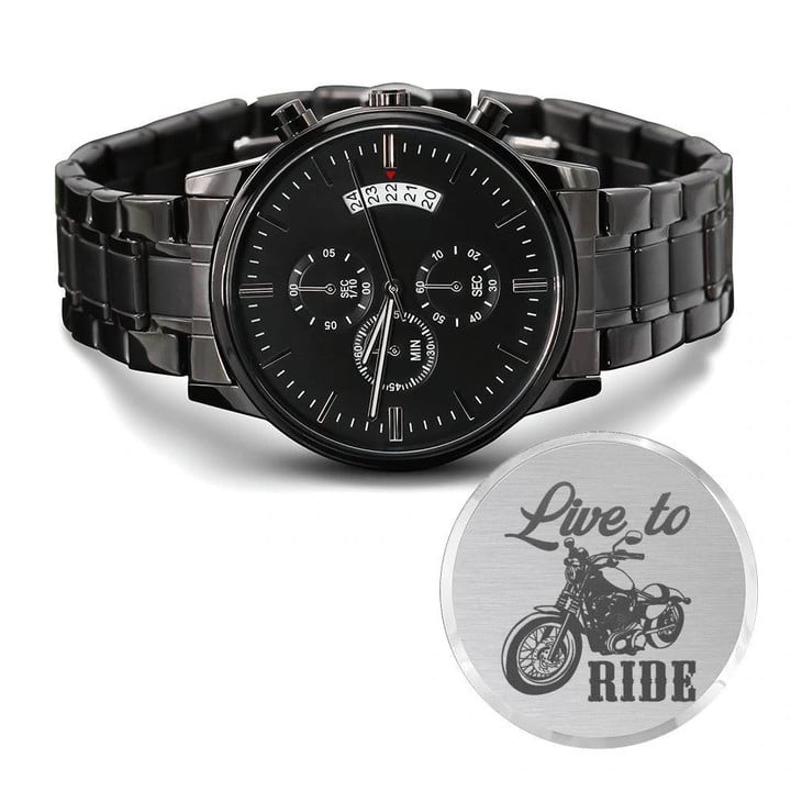 Live To Ride With A Cool Motorcycle Engraved Customized Black Chronograph Watch