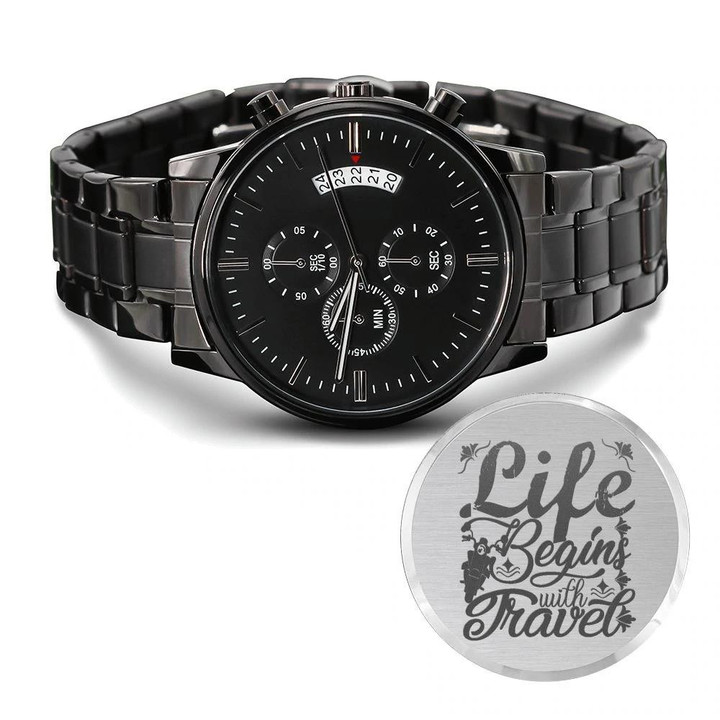 Life Begins With Travel Engraved Customized Black Chronograph Watch