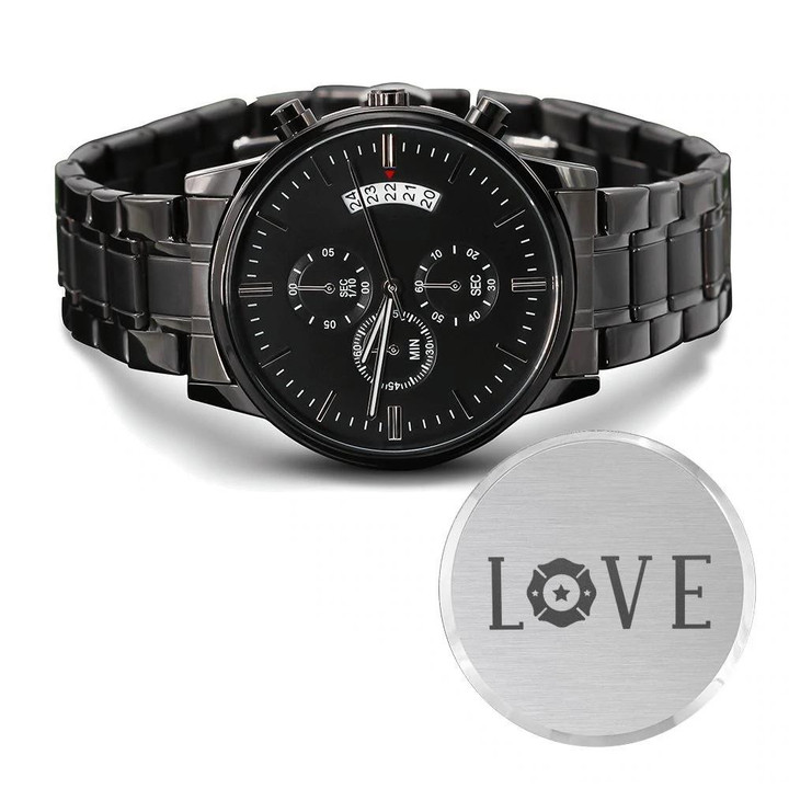 Love Firefighter Badge Engraved Customized Black Chronograph Watch