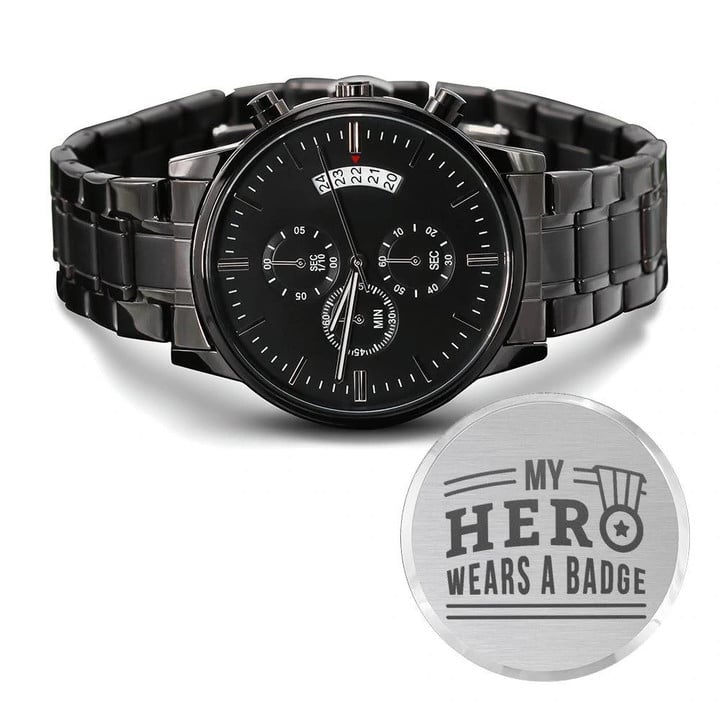 My Hero Wears A Badge Engraved Customized Black Chronograph Watch