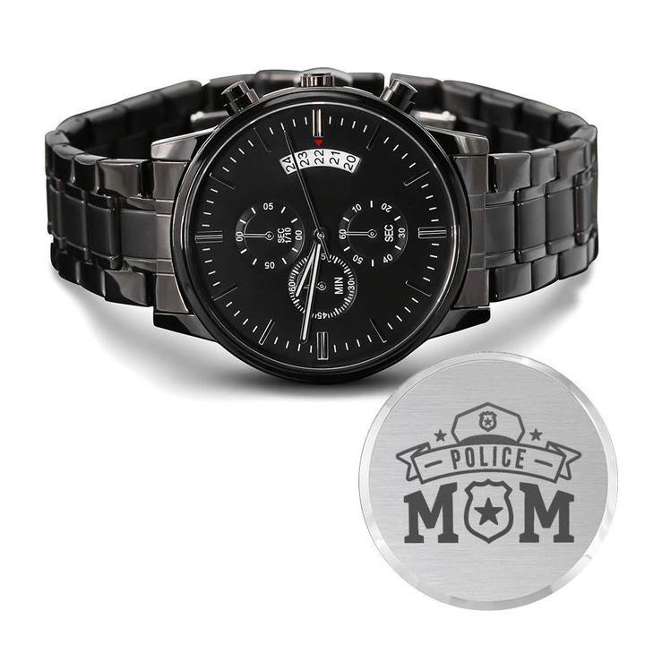 Engraved Customized Black Chronograph Watch Gift For Mom Police Mom