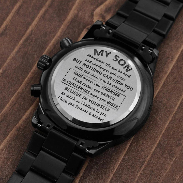 Birthday Gift For Son Challenges Make You Wiser Engraved Customized Black Chronograph Watch