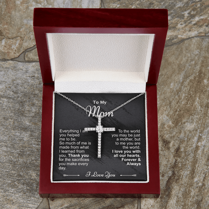 Gift For Mom CZ Cross Necklace Hold I Love You With All Our Hearts Forever And Always