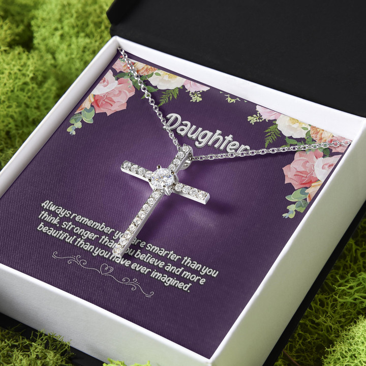 You're Stronger Than You Believe Gift For Daughter CZ Cross Necklace