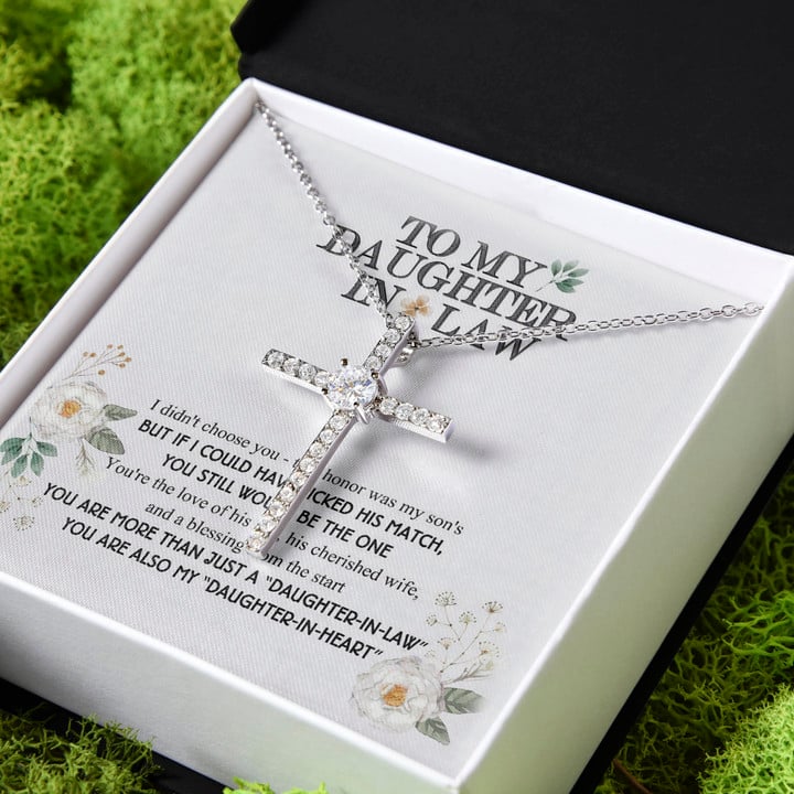 You're Also My Daughter-In-Heart Gift For Daughter-In-Law CZ Cross Necklace