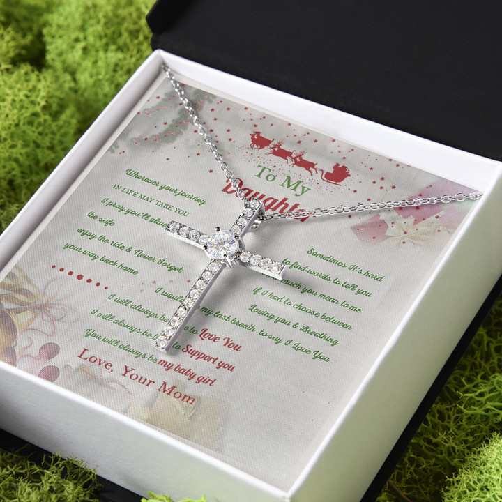 You'll Always Be My Baby Girl Mom Gift For Daughter CZ Cross Necklace