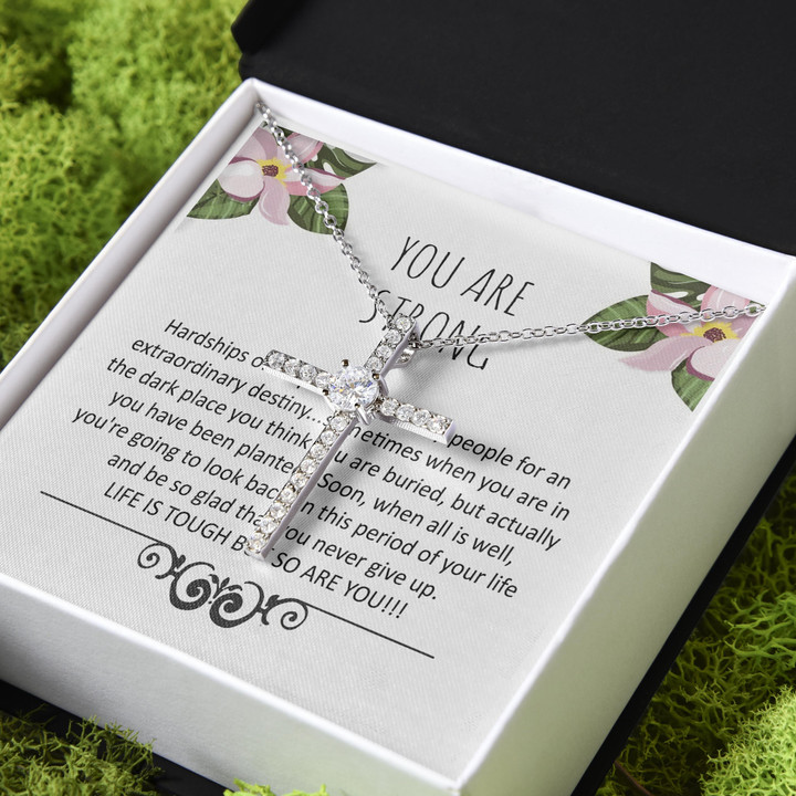 You Are Strong Gift For Friend CZ Cross Necklace