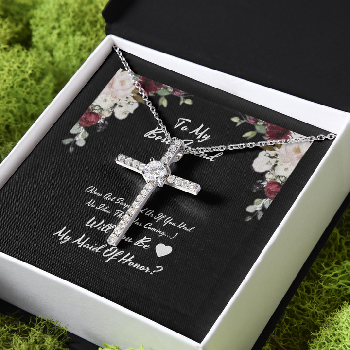 Will You Be My Maid Of Honor Gift For Friend CZ Cross Necklace