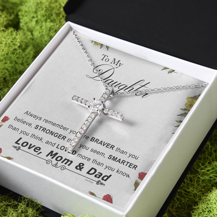 Parent's Gift For Daughter Always Remember CZ Cross Necklace