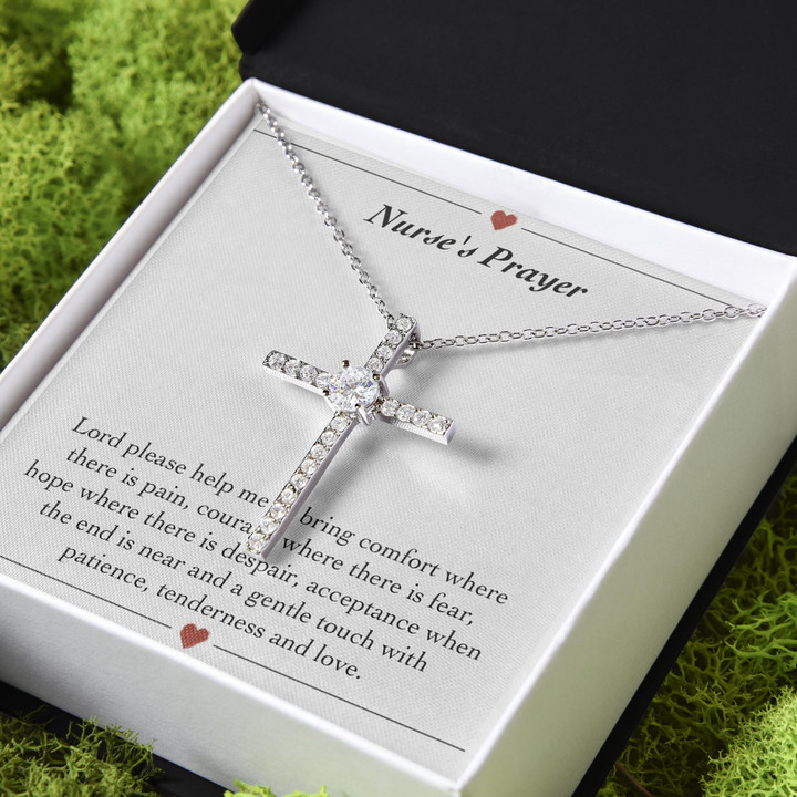 Nurse's Prayer Lord Please Help Me To Bring Comfort CZ Cross Necklace