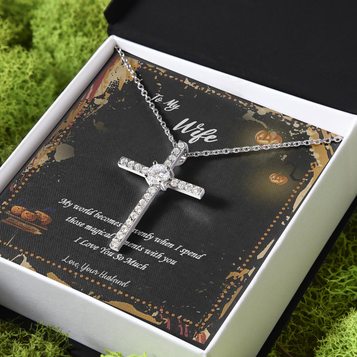 My World Becomes Heavenly Gift For Wife CZ Cross Necklace