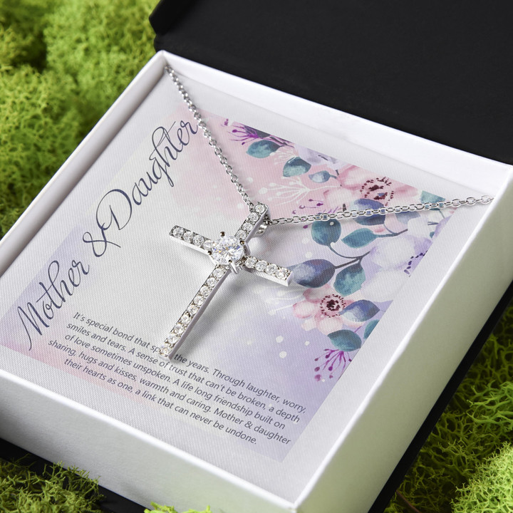 Mother And Daughter Their Hearts As One Gift For Daughter CZ Cross Necklace