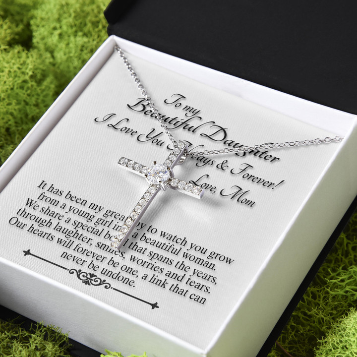 Mom Gift For Daughter I Love You Forever And Always CZ Cross Necklace