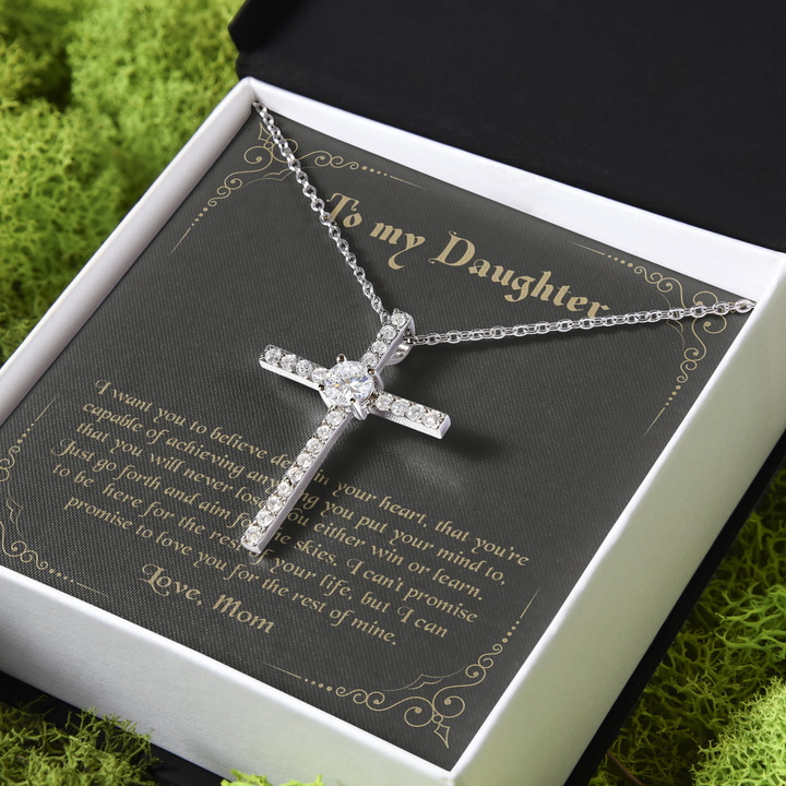 Mom Gift For Daughter Believe In Deep Your Heart CZ Cross Necklace