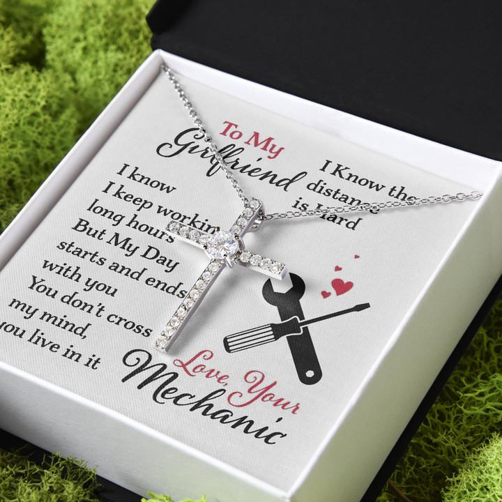 Mechanic To Girlfriend You Live In My Mind Gift For Her CZ Cross Necklace
