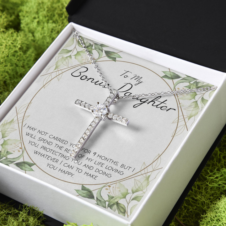 Loving You Present Gift For Bonus Daughter CZ Cross Necklace