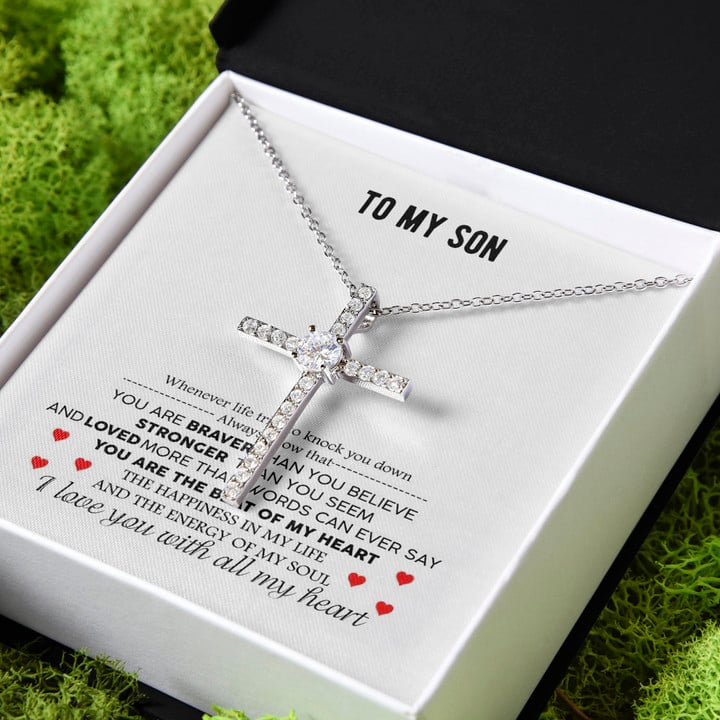 Love You With All My Heart Gift For Son CZ Cross Necklace