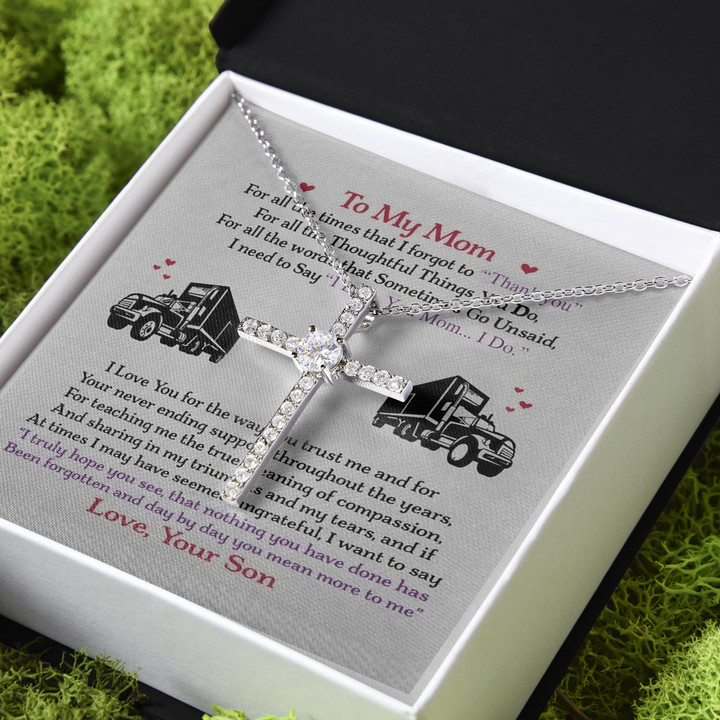 Love You With All My Heart Gift For Mom Trucker's Mama CZ Cross Necklace