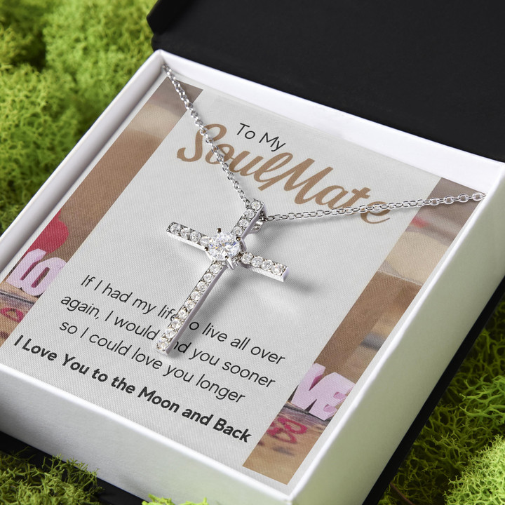 Love You To The Moon And Back Gift For Wife CZ Cross Necklace