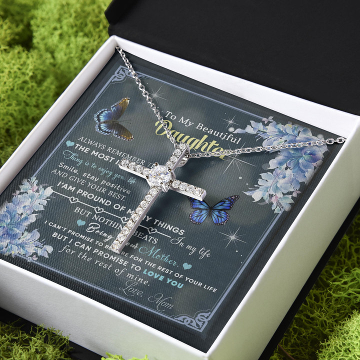 Love You For The Rest Of Mine Butterflies Gift For Daughter CZ Cross Necklace