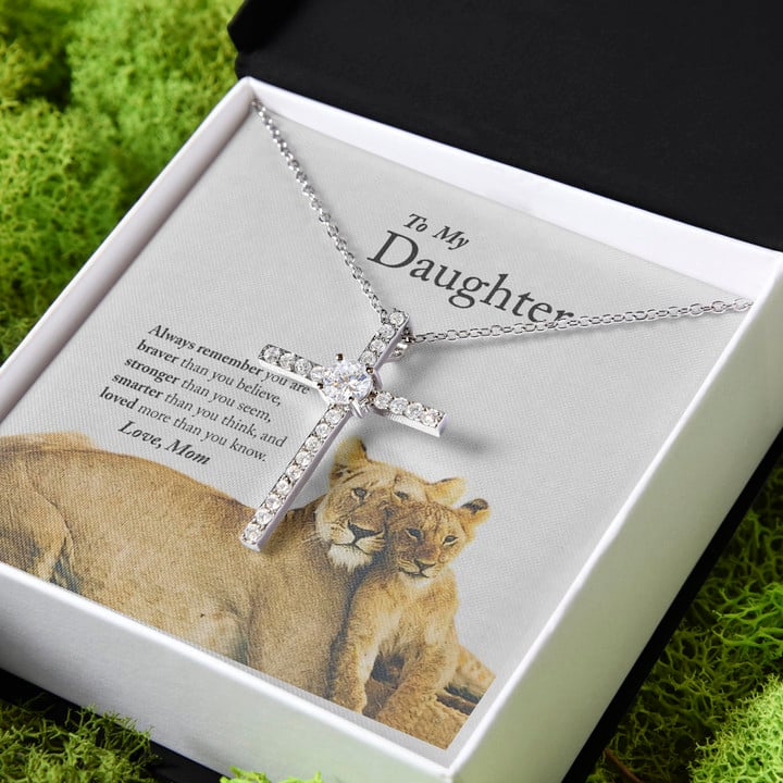 Lion Always Remember Gift For Daughter CZ Cross Necklace