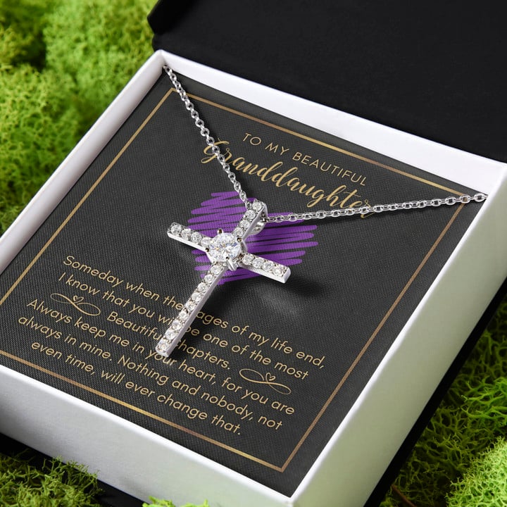 Keep Me In Your Heart Gift For Granddaughter CZ Cross Necklace