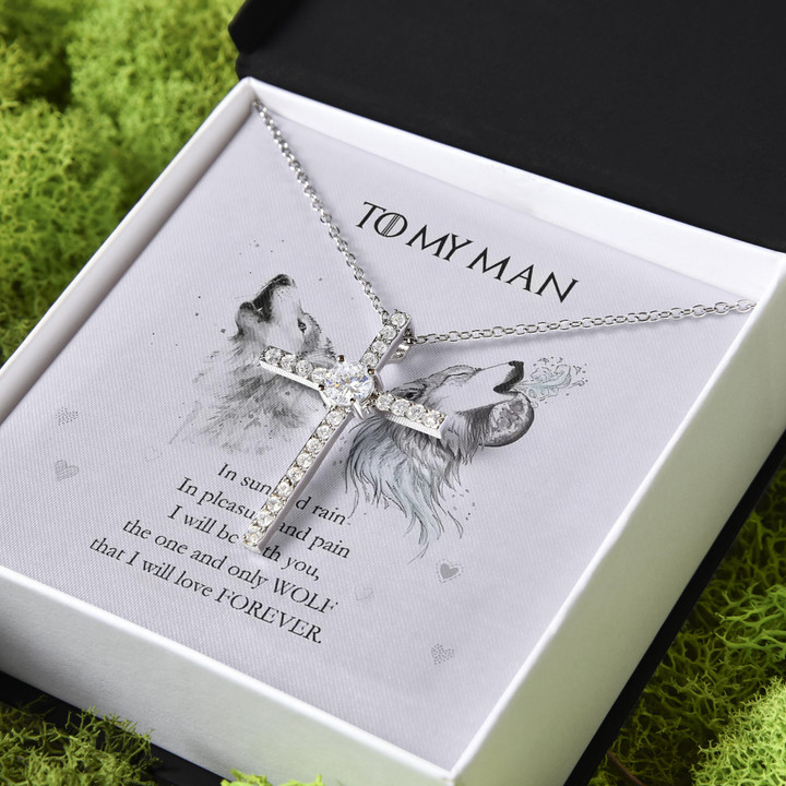 I Will Love You Forever Wolves Gift For Him CZ Cross Necklace