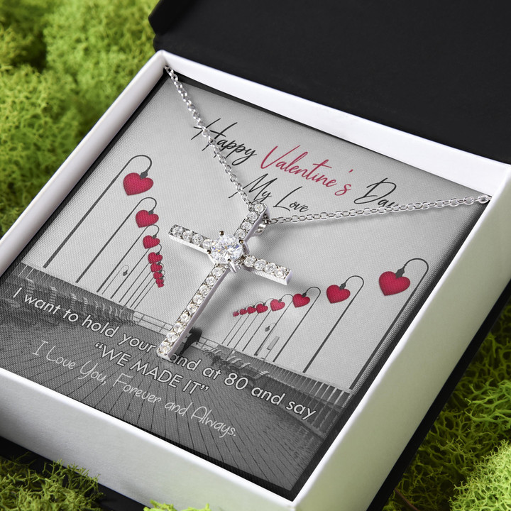 I Want To Hold Your Hand At 80 Loving Moment Gift For Wife CZ Cross Necklace