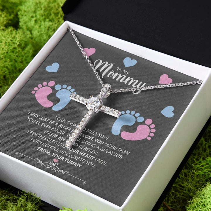 I Can't Wait To Meet You Tummy Gift For Mom To Be CZ Cross Necklace