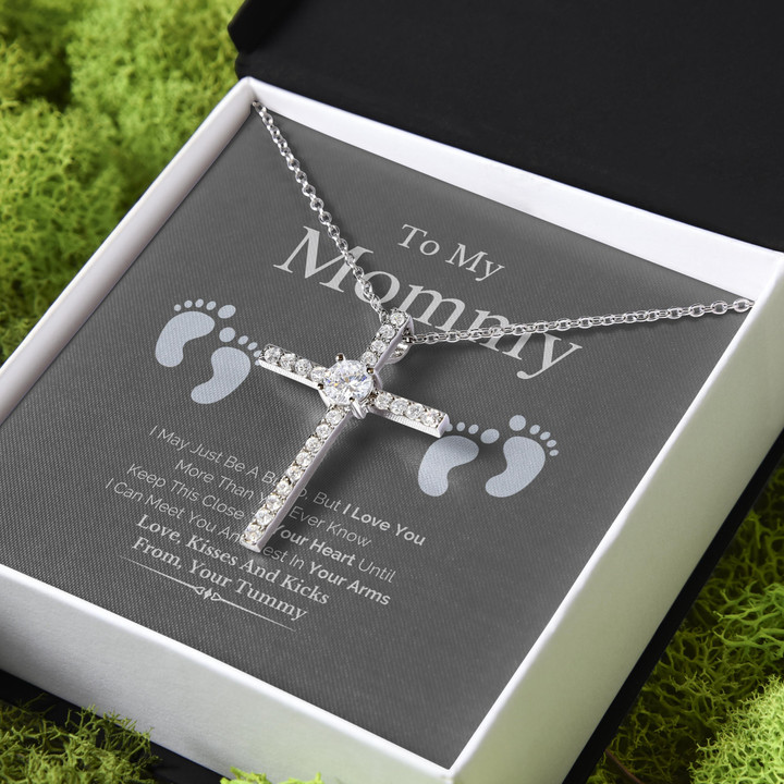 I Can Meet You Tummy Gift For Mom To Be Mommy CZ Cross Necklace