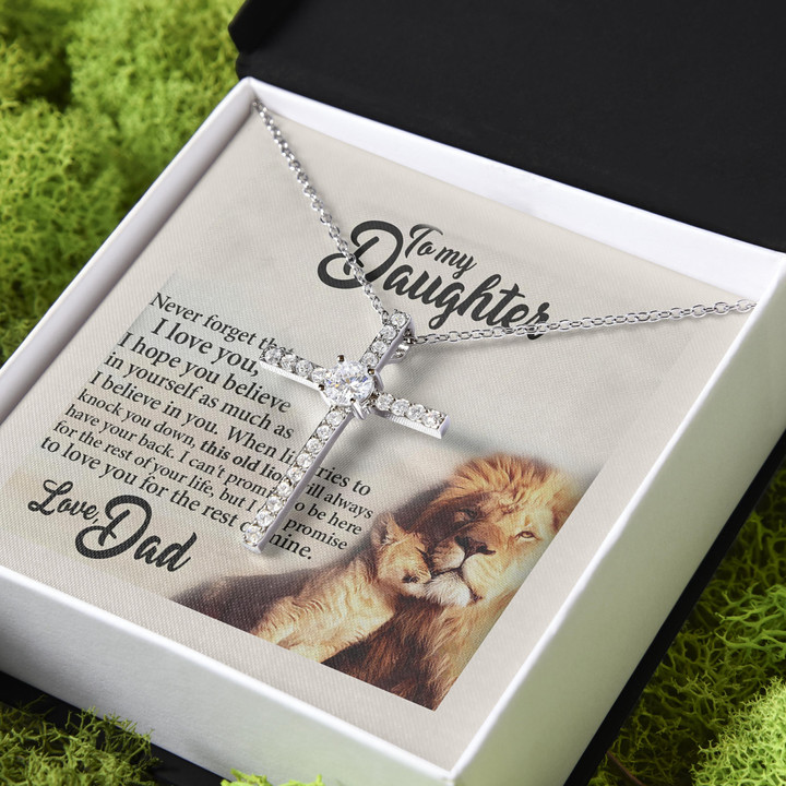 I Believe In You Lion Dad Gift For Daughter CZ Cross Necklace