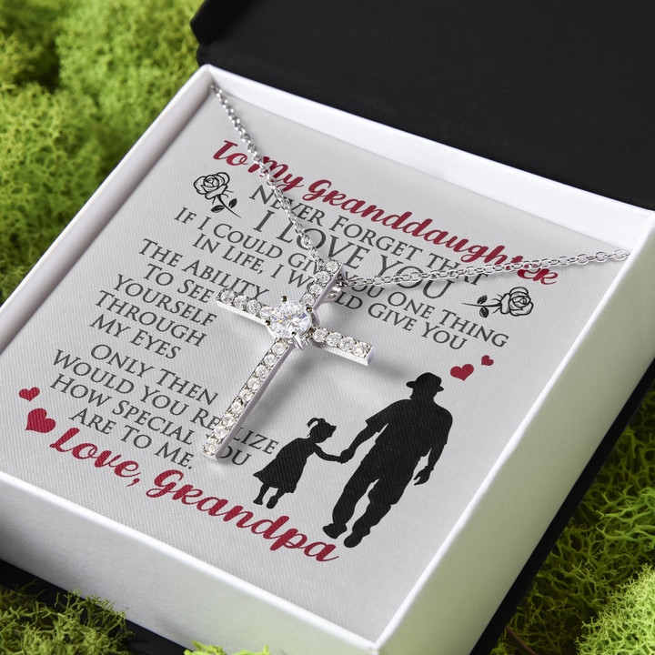 Grandpa Gift For Granddaughter Never Forget That I Love You CZ Cross Necklace