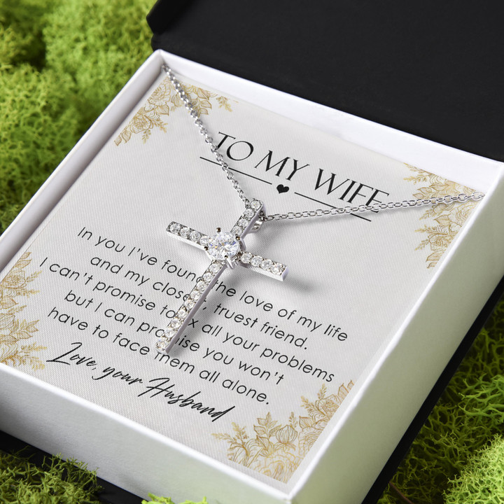 Gift Fort Wife I Can't Promise To Fix All Your Problems CZ Cross Necklace