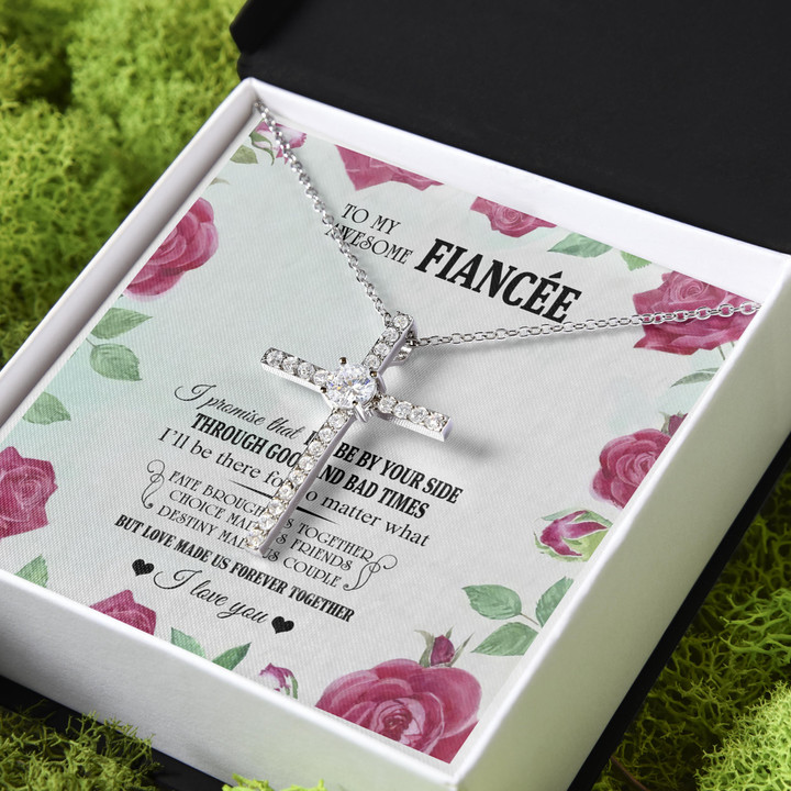 Gift For Wife Awesome Fiancee Love Made Us Forever CZ Cross Necklace